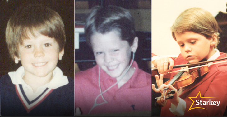 Three images of Justin Osmond as a boy smiling, listening to earbuds, and playing the violin